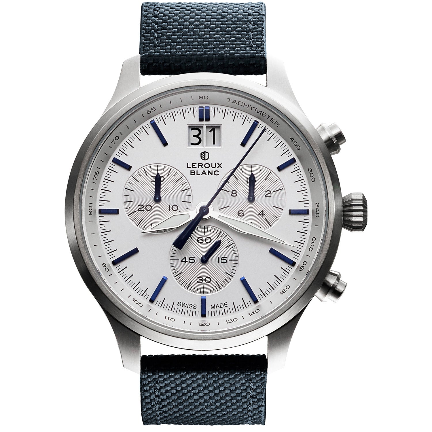 Elegante Herrenuhr mit weissem Zifferblatt, Nylon Armband,  Chronograph , Grosse Datumsanzeige, Edehstahl