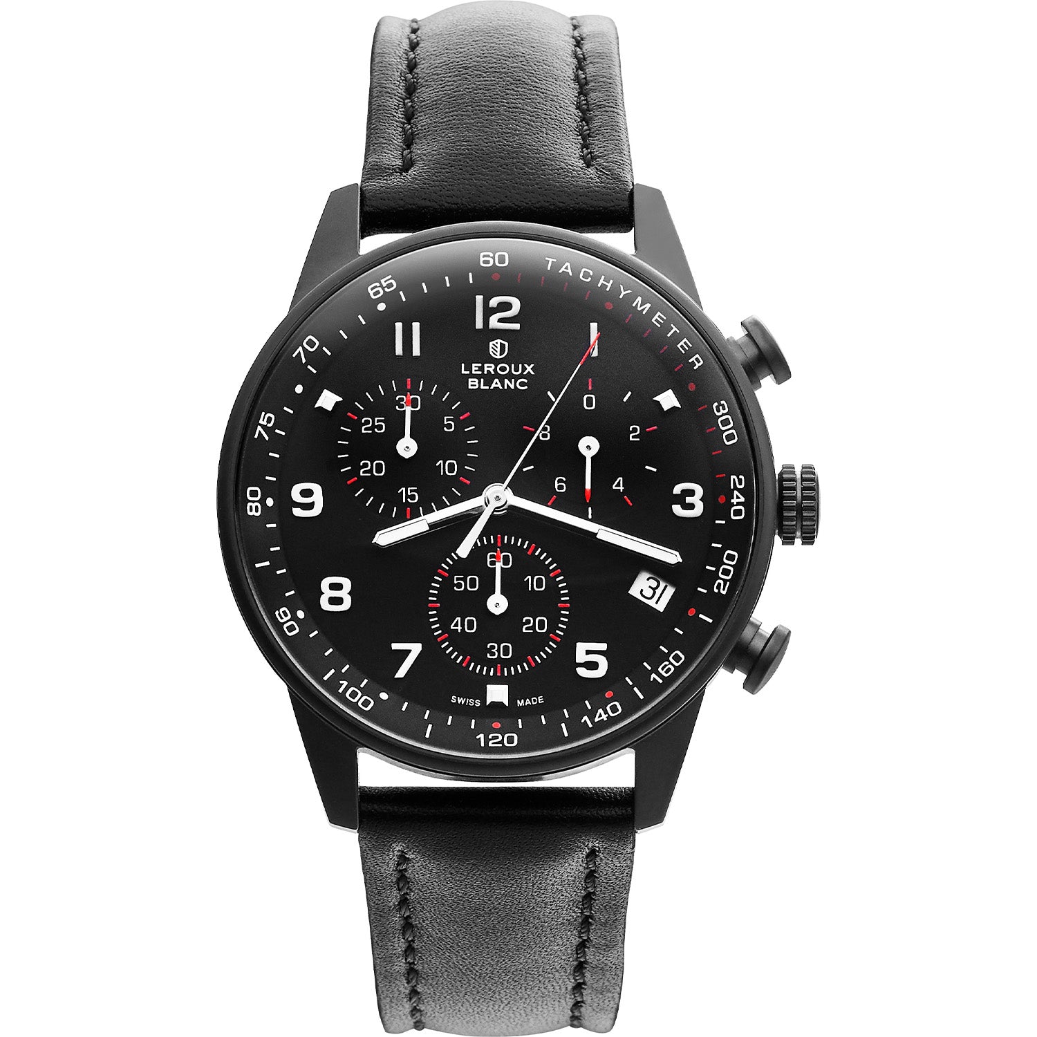 Chronograph in Schwarz mit schwarzem Lederarmband