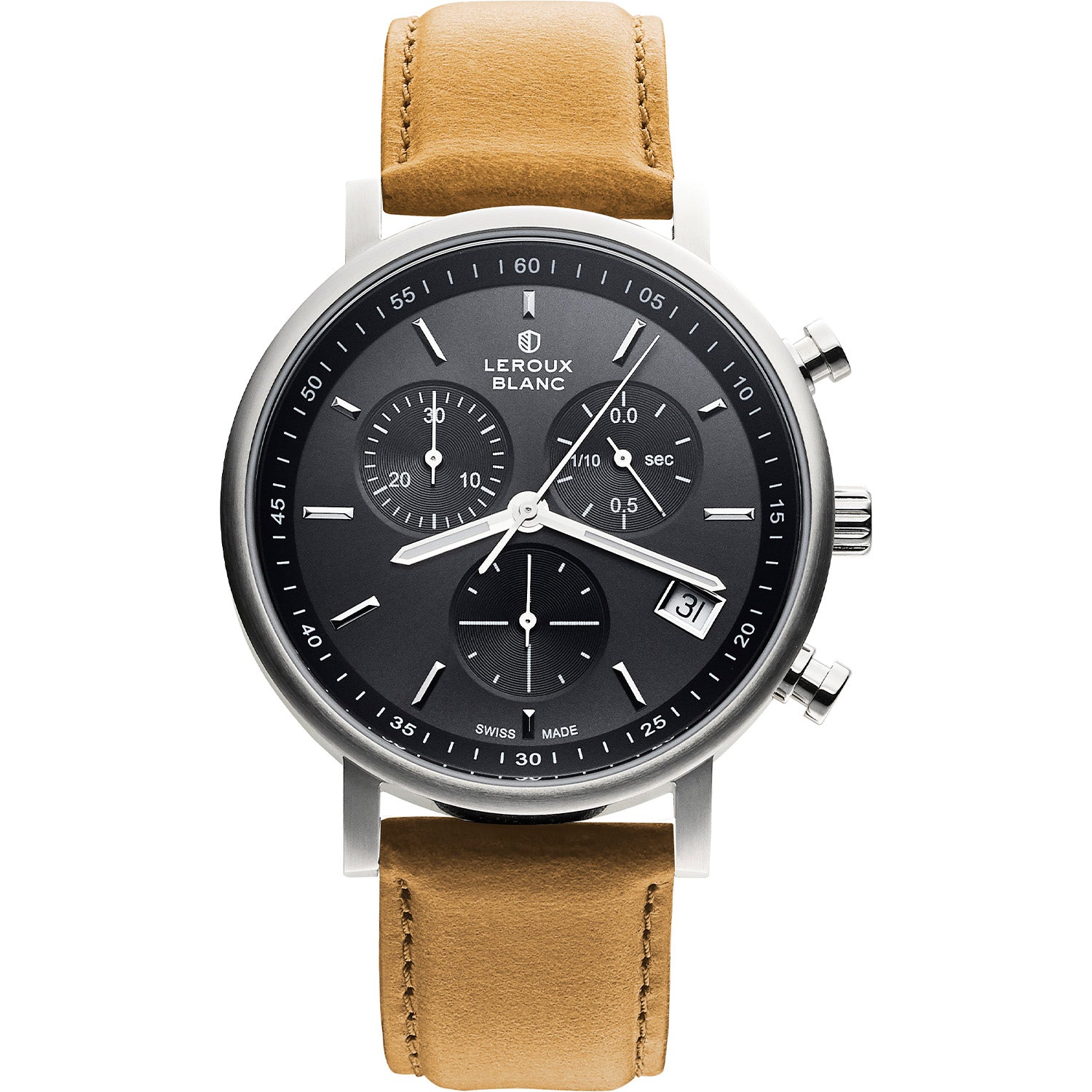 Uhr Herren, Edelstahlgehäuse und Datumsanzeige, Braunem Lederarmband