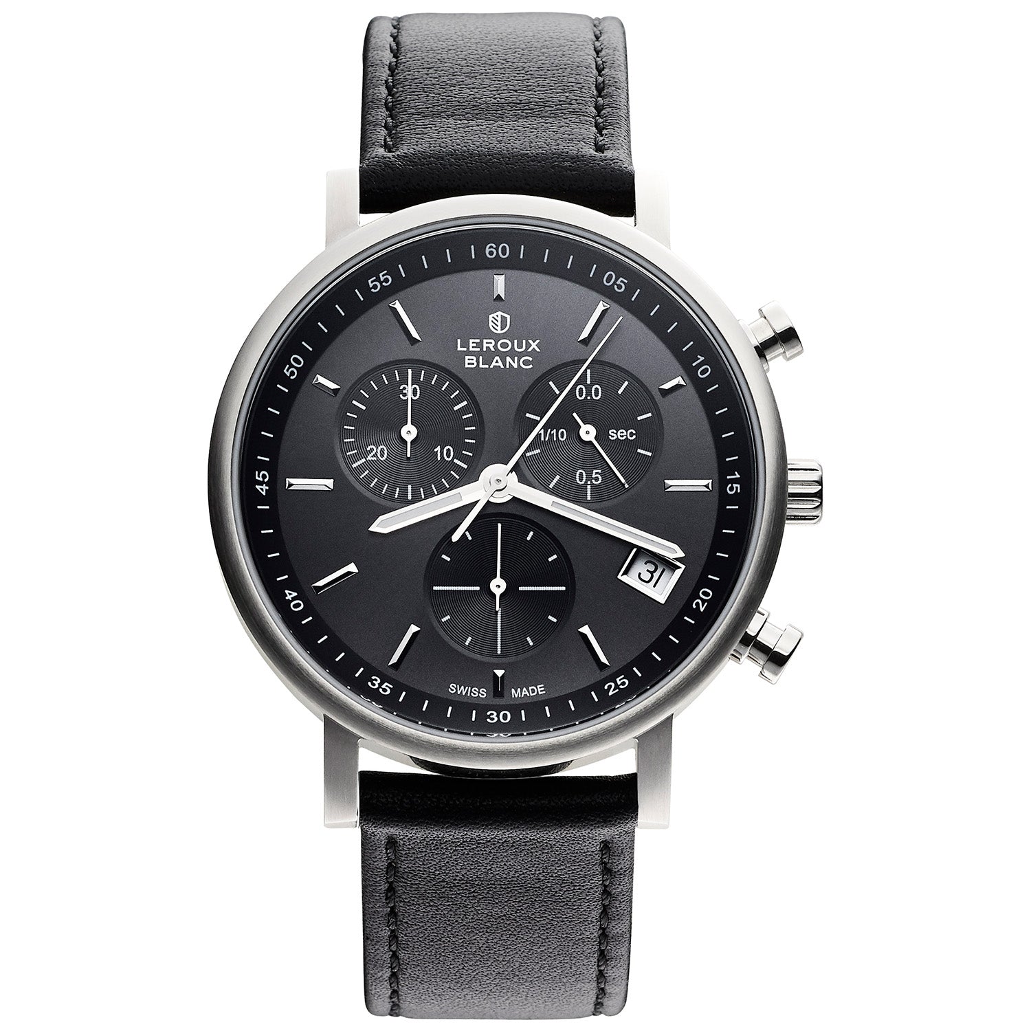 Chronograph in Schwarz mit schwarzem Lederarmband, Datumsanzeige, Klasisch